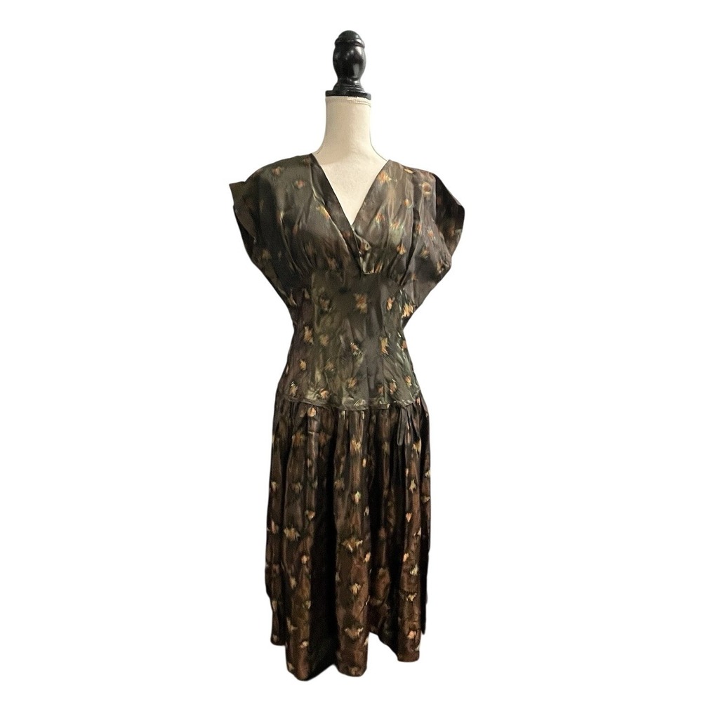 Vintage Peggy Page Tea Dress Brown Satin Metallic A Line Swing Size 12 Retro